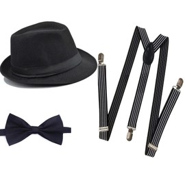 Soffpjy 1920s Mens Costume Fedora Hat Gatsby Gangster Accessories Suspenders & Pre Tied Bow Tie (Black stripe C, Large（59-60cm）)