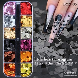 Archtypes Gold BROWN (BYN-05) Heart Holo Hologram Nail Parts, 12 Colors, Mixed Sizes