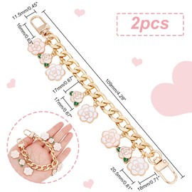 PH PandaHall Golden Purse Extender, 2pcs 4.2 Inch Short Bag Strap Alloy Bag Chain Strap with Pink Enamel Flower Pendant Replacement Handle Bag Chain Straps Charms for Women Crossbody Shoulder Bag