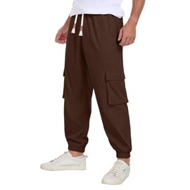Askdeer Men's Corduroy Cargo Pants Baggy Joggers Casual Pants Drawstring Elastic Waist Corduroy Pants with 5 Pockets Camel