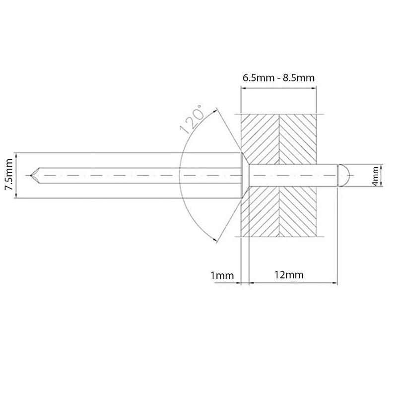 4mm x 12mm Blind Pop Rivet Countersunk Head Aluminium/Steel Shaft