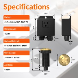 Joinfworld Garbage Disposal Air Switch Kit Waterproof Garbage Disposal Button Kit with Long Garbage Disposal Switch Brushed Brass/Brushed Champagne - UL Listed