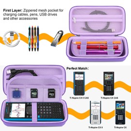 Elonbo Carrying Case for Texas Instruments TI-Nspire CX II CAS/TI-Nspire CX II/CX/CX CAS Color Graphing Calculator, Extra Zipped Pocket Fits Charger Manual, Purple