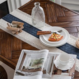 Weldomcor Blue Macrame Table Runner, Boho Cotton Flax Table Runner with Tassel, Rectangular Crochet Lace Mesh Tablecloth for Kitchen, Vintage, Farmhouse, Bohemian Wedding Tabletop Decor, 30 x 180 cm