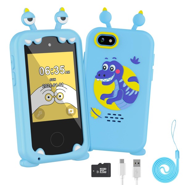 Kids Phone for Boys, Toddler Touchscreen Learning Phone Toy for Kids Age 3-12 with Dual Camera, Game, Music, 8G SD Card, Christmas Birthday Dinosaur Gifts for 3 4 5 6 7 8 9 10 Year Old Kids(Blue)