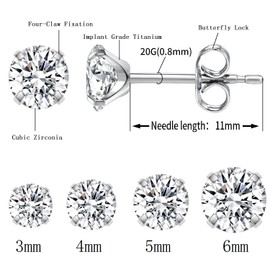 hengkaixuan 1 Pair Titanium Implant Quality Stud Earrings Hypoallergenic Cubic Zirconia 3mm 4mm 5mm 6mm Stud Earrings for Women Girls for Men for Sensitive Ears Gold Silver Rose Gold, Metal, Zircon
