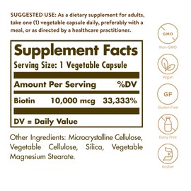 SOLGAR Solgar Biotin 10000 mcg Vegetable Capsules Energy Metabolism Promotes Healthy Skin Nails Hair Super High Potency NonGMO Vegan Gluten Free Dairy Free Kosher Servings, Standard Packaging, Unflavored, 120 Count