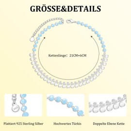 VIVILE Gold Silver Turquoise Beads Anklet for Women and Girls, Festival and Beach Accessories, Handmade Boho Anklet, Adjustable Size, Waterproof Jewellery, Sterling Silver