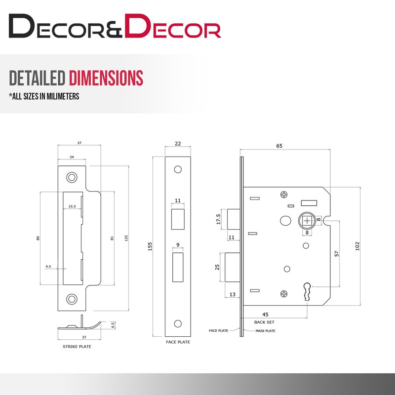Decoranddecor Sash Mortice Door Lock with Keys - 2.5inc /64mm
