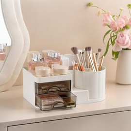 Corkovia Makeup Organiser with Drawers, 360° Rotating Dressing Table Skincare Organiser, Multifunctional Cosmetic Storage for Dressing Table, Desk and Bathroom, White