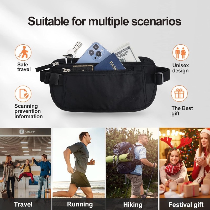 Travel Money Belt with Anti-Theft Zippered Pull Slim Travel Pouch