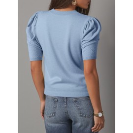 Dokotoo Sweaters for Women Lightweight Crochet Sweaters Top 2025 Round Neck Short Puff Sleeve Business Casual Tops for Women Fall Clothes Light Blue Large