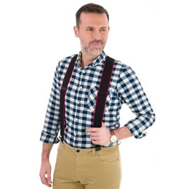 Olata Men's Heavy Duty Y-Shape Braces/Suspenders in Black with Coloured Leather - 5cm. Blue (Black Clips)