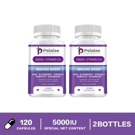 pslalae 5000 IU Vitamin D3 - Elderberry, Vitamin C - Daily Immune System Support Booster - 2 Pack