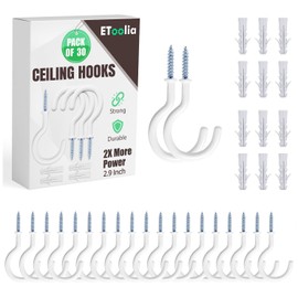 Etoolia 30 Pcs Ceiling Hooks for Hanging Plants - 2.9 inches Plant Hooks Heavy Duty, Hanging Hooks for Christmas Lights, Cups, Decors - White Vinyl Coated Screw in Plant Hanger Hook Indoor and Outdoor