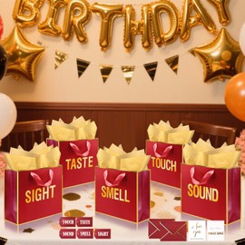 Large Gold Foil 5 Senses Gift Bags For Him Her with Labels Envelopes and Cards, Sight Smell Touch Taste Sound Gift Bags with Tissue Paper For Birthday, Anniversary, Mother'S Day, Valentine'S Day 12 x 10 x 4 Inch (Red)