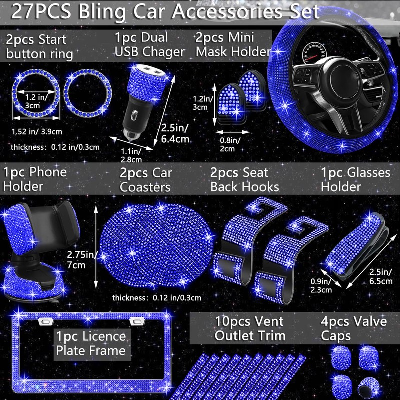 NBTEPEM 27 PCs Blue Bling Car Accessories Set for Women,
