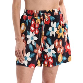 Xintianji Women's Pleated Vertical Striped Shorts with Decorative Straps and Side Pockets