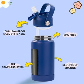 Hawthyhome 360ml/12oz Kids Stainless Steel Insulated Water Bottle with Straw, Metal Small Flask Vacuum Leakproof, Kids Water Bottles for School Boys Girls, Keep Drinks Hot Cold,BPA Free, Blue