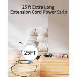 Extra Long Extension Cord 25 ft, NTONPOWER Flat Plug Power Strip with 3 Outlets 3 USB Ports(1 USB C), Flat Plug Extension Cord, Extension Cord with Multiple Outlets for Lndoor, Home, Office, Dorm