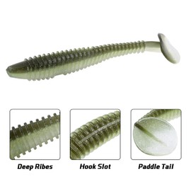 RUNCL ProBite Paddle Tail Swimbaits Green Shiner, Soft Fishing Lures - Natural Oils, Ribbed Design, Paddle Tail, Hook Slot, Proven Colors - Bass Fishing Lures Baits 01 (4in, Pack of 20)