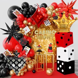 BITOYO Casino Luftballon Set 94 Stück Ballon Rot Schwarz Gold mit Aluminium Krone und Sternen, Poker Accessoires, Deko für Casino Partys, Casino Nacht, Vegas Party und Casino Spiele
