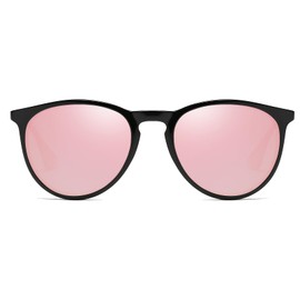 YUELUQU Polarised Retro Round Sunglasses Women Men UV400 Protection Ultralight Frame, black / pink