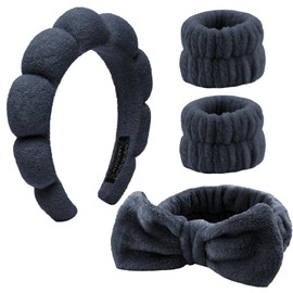 4 Pieces Spa Headband for Washing Face, Skincare Terry Cloth Headband Wristband Set,Elastic Hairbands Face Washing Wristband,Sponge Puffy Makeup Headbands for Women Girls Shower,Sports,Yoga (Black)