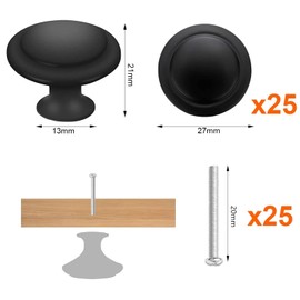 25 Frosted Black Round Kitchen Cabinet Handles, 27mm Round Drawer Handles, Flat Pull knobs, Makeup Drawers Bathroom Drawers Screw Hardware Accessories Modern Handles