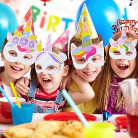 YOLOUP Pack of 24 Unicorn Masks for Children Crafts Empty Unicorn Paper Masks Painting Paper with Brush & Elastic Band Creative Craft Set for Girls Boys