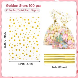 LEOSINDA Cello Cellophane Treat Bags Gold Star Printed 5 X 7 Inches 100 Pcs Clear Cellophane Cookie Bags,with Twist Ties for Gift Wrapping,Packaging Candy,Birthday,Bakery, Wedding,Party Favor