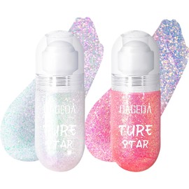 DAGEDA 2Pcs Body Glitter, Roll-on Holographic Glitter Makeup for Body Hair Face, Color Changing Hair Glitter Under Light, Body Shimmer Mermaid Face Glitter for Festival Party (Sparkling Pink+Pink)