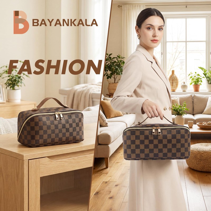 BAYANKALA Leather Travel Makeup Bag, Large Capacity Cosmetic Bag for