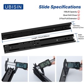 Ubisin Full Extension Ball Bearing Drawer Slides 12 14 16 18 20 22 Inch Heavy Duty Side Mount File Cabinet Rails Dresser Runner Kitchen Cabinet Drawer Glides 100 LB Capacity (14 Inch,2 Pairs)