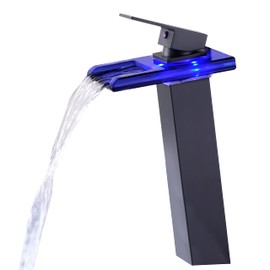 Rzoeox LED Bathroom Sink Faucet, Tall Bathroom Vessel Sink Faucet, Waterfall Bathroom Faucet Single Handle 1 Hole and 2 Water Supply Lines, Brass Bathroom Faucet with Open Glass Spout