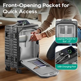 Joyway 20 Inch Carry on Luggage with Aluminium Frame and Front Pocket, PC Hardshell Suitcase with USB Port and Cup Holder, Luggage with Spinner Wheels and TSA Lock (Grey)