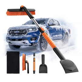 AMADAW 45" Extendable Snow Brush and Ice Scrapers for Car Windshield [360° Rotating Snow Brush Head] Military-Grade Sturdy Ice Scraper for Sedans, SUVs and Trucks Easy Storage Orange