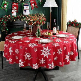 Round Christmas Tablecloth Winter Table Cloth with Snowflake Decorations, Heavy Weight & Spillproof Table Cover for Dining, Party & Holidays (Red, Round 60 Inch)