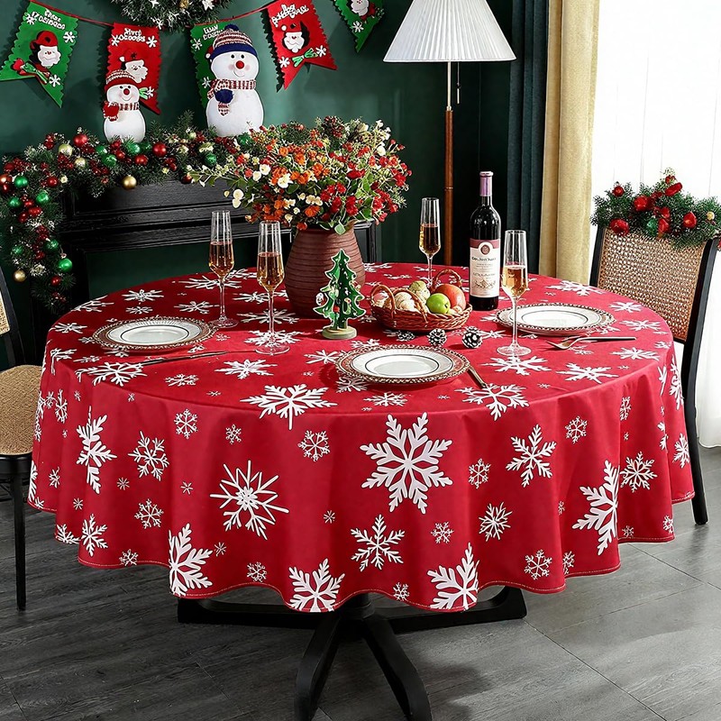 Round Christmas Tablecloth Winter Table Cloth with Snowflake Decorations, Heavy