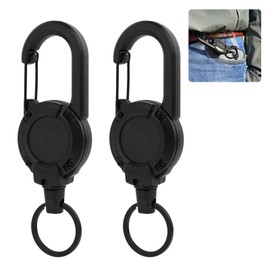 2 Pack Heavy Duty Retractable Badge Holder Reel - Black Tactical ID Card Lanyard with Steel Cord,Enduring Carabiner Belt Clip for Keys, Keychain and Access Cards (Industrial Strength)