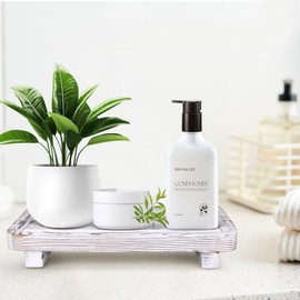 Rustic White Bathroom Counter Tray Kitchen Countertop Trays Decorative Wood Risers Display Pedestal Stand Wooden Riser Soap Dish Dispenser Holder for Bathroom Sink Accessories Kitchen Decor Tray