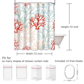 TOMPOP Shower Curtain Pattern Red Pink and Mint Corals Tropical Reef Nautical Waterproof Polyester Fabric 72 x 72 Inches Set with Hooks