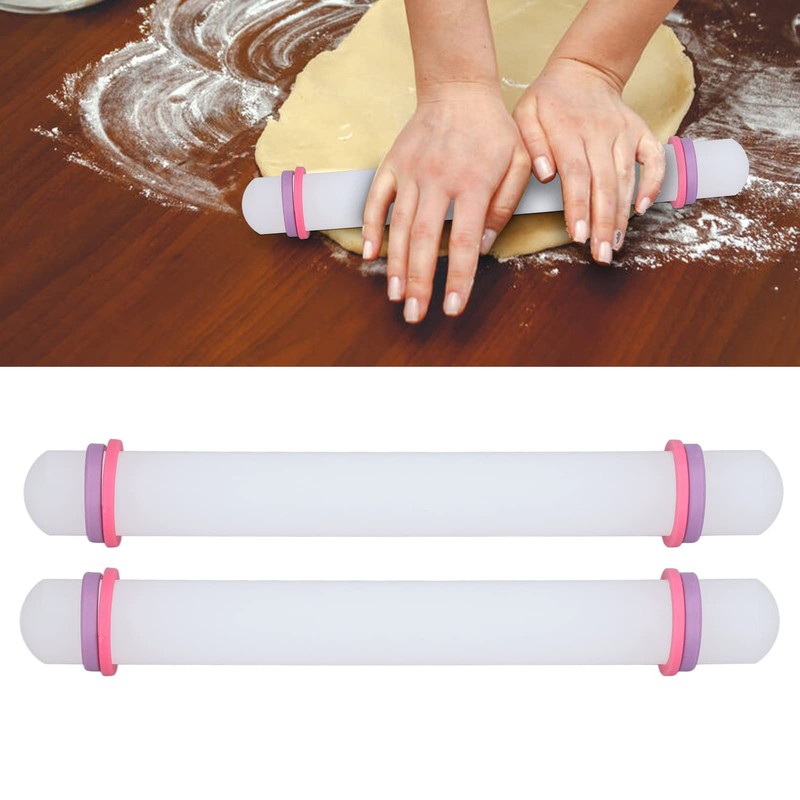 2Pcs Rolling Pin with Thickness Rings, Adjustable Plastic Rolling Pin