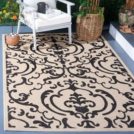 SAFAVIEH Courtyard Collection 4' x 5'7" Sand / Black CY2663 Indoor/ Outdoor Waterproof Easy-Cleaning Patio Backyard Mudroom Accent-Rug