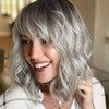 PORSMEER Short Pastel Wavy Bob Ombre Silver Wig with Fringe