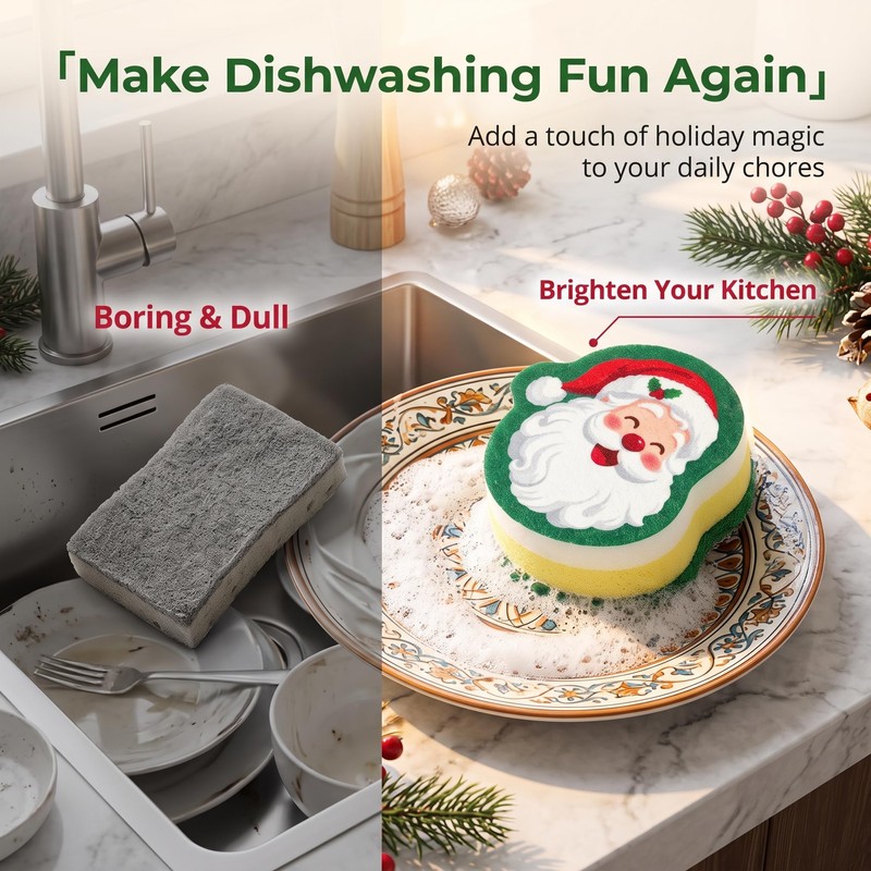 8Pcs Christmas Sponges Xmas Cute Kitchen Sponge Household Cleaning Sponges