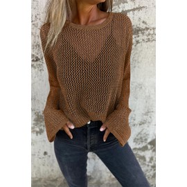 Allimy Womens Sweaters Hollow Out Winter Casual Metallic Knits Crewneck Long Sleeve Sweater Pullover Brown L