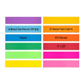 Hygloss Unruled Sentence 3" x 23" Text Weight Paper 10 Assorted Colors, Ideal Teacher Supplies for Classroom-Pack of 100 Strips