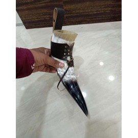 Nautical Replica Hub Medium Drinking Horn, Approx 12oz Medieval Viking Cup w/Black Leather Holder Rustic Vintage Home Decor Gifts