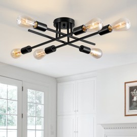 BrkNit Sputnik Chandeliers, Modern Semi Flush Mount Ceiling Light with E26 Base, Mid Century Industrial Kitchen Farmhouse Light Fixtures for Bedroom Living Room (Black, Ceiling 6 Lights (Lengthen))